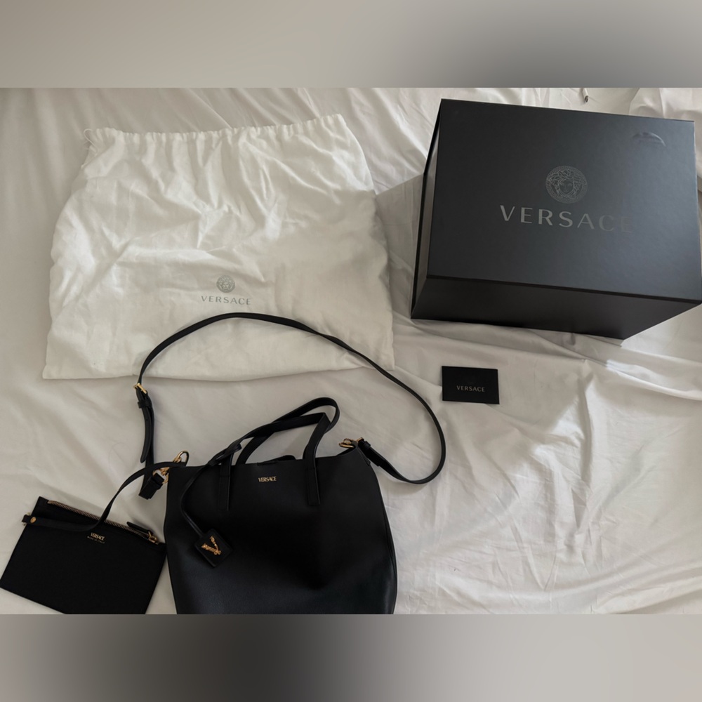 Versace Virtus Black Leather Tote with Gold Hardware and Detachable Strap
